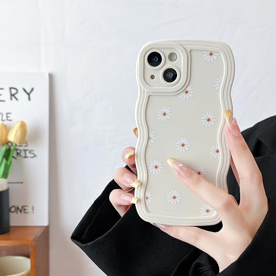 ZTOFERA Case for iPhone 13 Cute Curly Wave Frame Daisy Pattern Liquid Silicone Case Flexible Shockproof Protective Bumper Cover for iPhone 13 6.1 - Beige