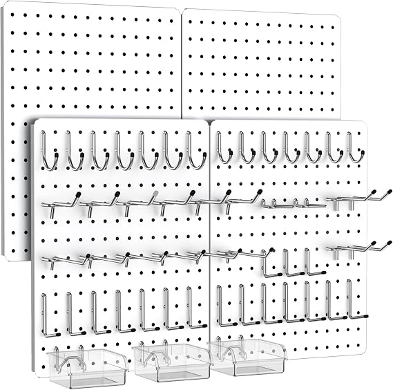 Peg Board, 110pcs Metal Pegboard Kit, Includes 4 Pack White Peg Board Panels with Accessories and Hook Locks, Large Heavy Duty Peg Boards for Walls Home, Garage Tool Storage, Workbench