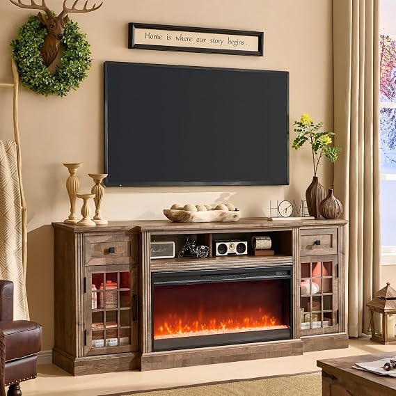 Fireplace TV Stand for 80 Inch TV, Farmhouse Highboy Entertainment Center w/LED Lights & 36" Electric Fireplace, Large Media Console w/Glass Door Cabinet & Storage Drawer, Light Brown