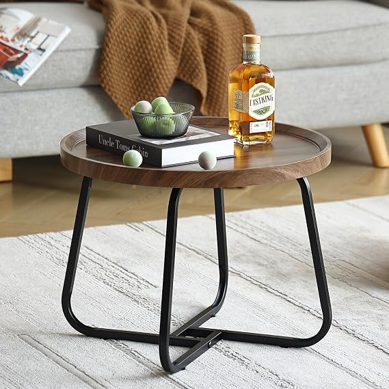 Small Round Coffee Table Low, 20 inch Circle Coffee End Table Table Walnut