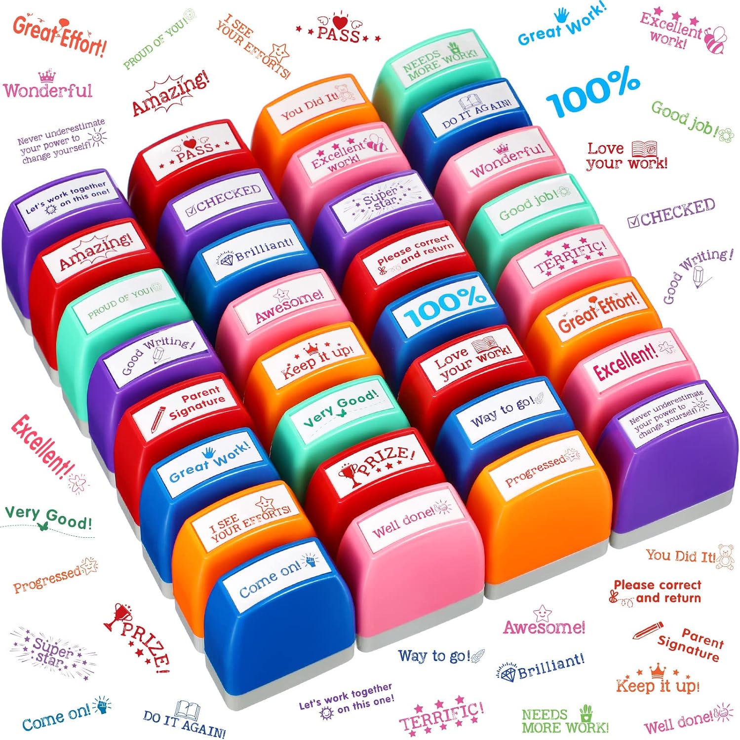 32 Pcs Teacher Stamps for Teacher Appreciation Gift for School Stamps Plastic Self Inking Stamp Grading Stamps Motivational Encouraging Colorful Classroom Teacher Grading Prizes Supplies Cute