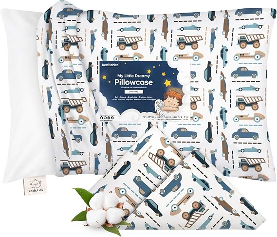KeaBabies Toddler Pillowcase 13x18 Organic Cotton Cover, Vroom