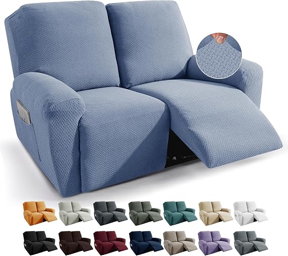 JIVINER 6-Piece Loveseat Recliner Slipcover Stretch Jacquard Recliner Sofa Cover 2 Seater Washable Reclining Couch Cover with Pocket Fitted Furniture Protector Cover (Loveseat Recliner, Light Blue)