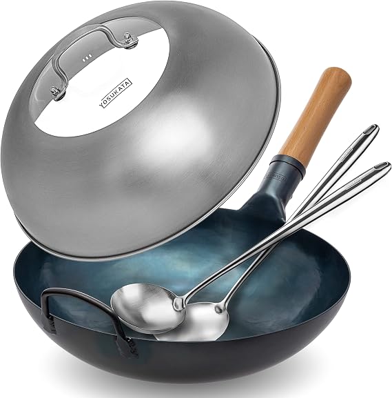 YOSUKATA Flat Bottom Wok Pan - 13.5" Blue Carbon Steel Wok + 17 Spatula and Ladle - Set of 2 Heat-Resistant Tools + Wok Lid 12.8 Inch