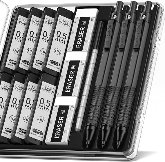 Four Candies Metal Mechanical Pencil Set with Case, 0.5mm, 3PCS, Black