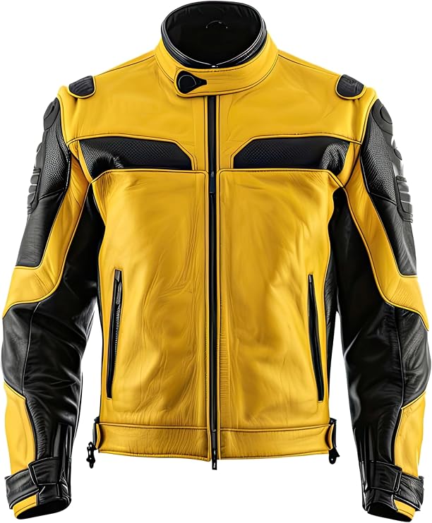 Men's Yellow Black Leather Motorcycle Jacket with Knee & Shoulder Armor, Cafe Racer Style, Slim Fit Biker Jacket Stand Collar
