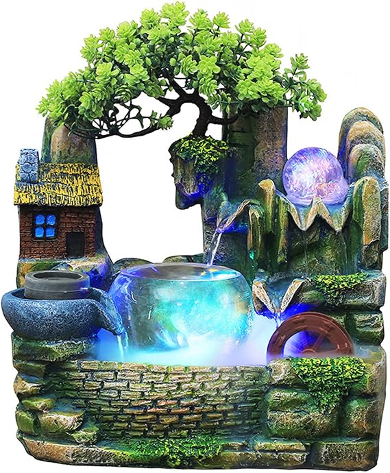 Tabletop Fountain Indoor, 11.8" Waterfall Fountain with LED Light Rolling Crystal Ball, Feng Shui Wheel & Atomizer, Glass Resin Rockery Landscape Fountain with Fish Bowl for Home Office Decor