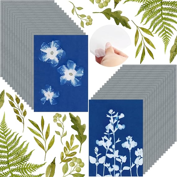 AIQINHU 32 Sheets Sun Print Paper Cyanotype Paper Kit, Sun Art Paper with 1 Plastic Tool for Sun Printing, Light Sensitive Solar Photography Paper for Kids DIY Crafts (A5)