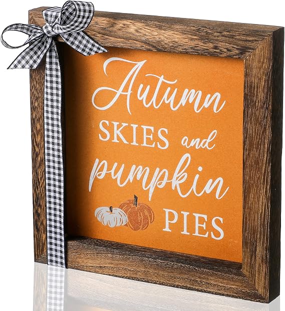 Karenhi Thanksgiving Fall Decorations for Home Autumn Skies and Pumpkin Pies Table Decor Wooden Signs Plaque Farmhouse Tiered Tray Centerpiece for Thanksgiving Party Decorations, 7.1 x 7.1 Inch