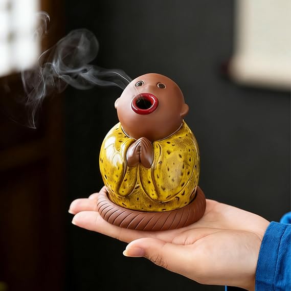 Ceramic Buddha Incense Cone Holder, Monk Burner for Unique Zen Home Decor | Cute incense holder, smoke exits through the mouth, meditation room decor, spiritual decor