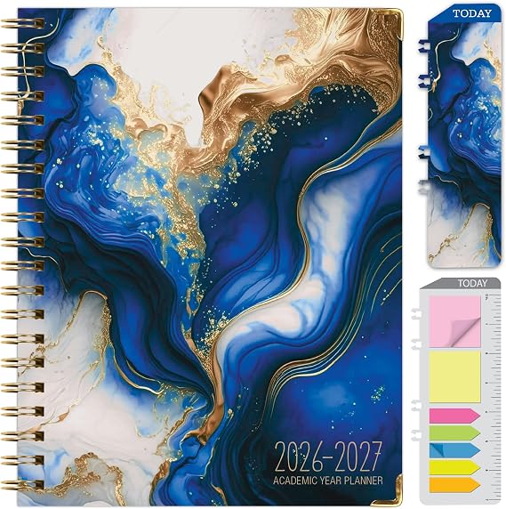 HARDCOVER Academic Year 2026-2027 Planner: 14 Months (May 2026 Through June 2027) 8.5"x 11" Daily Weekly Monthly Planner Yearly Agenda. Bookmark, Pocket Folder and Sticky Note Set (Dark Blue Marble)