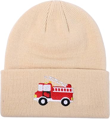 Kids Knit Beanie Cute Fire Trucks Embroidery Warm Cuffed Skull Caps Classic Autumn Winter Hats for Boys Girls 3-8 Years