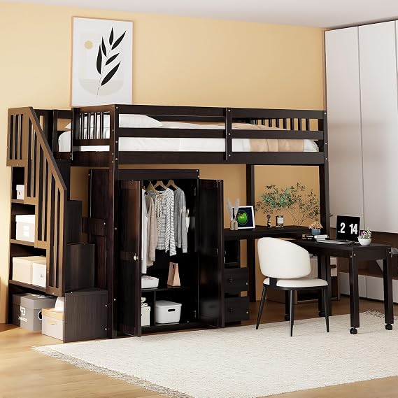 Harper & Bright Designs Twin Size Loft Bed with Desk, Wood Twin Loft Bed with Stairs, Bookshelf, Drawers & Wardrobe Space-Saving Multifunctional Furniture, Espresso