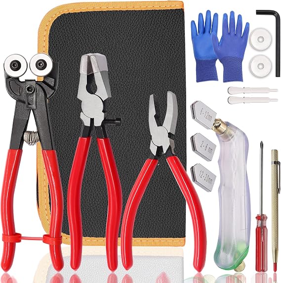 weideer Glass Cutters Tools,Glass Cutter, Mosaic Wheeled Glass Tile Nippers,Running Pliers Breaker Grozer Pliers,Stained Glass Cutting Tool Kit with Replacement Cutting Wheel Gloves Leather Bag