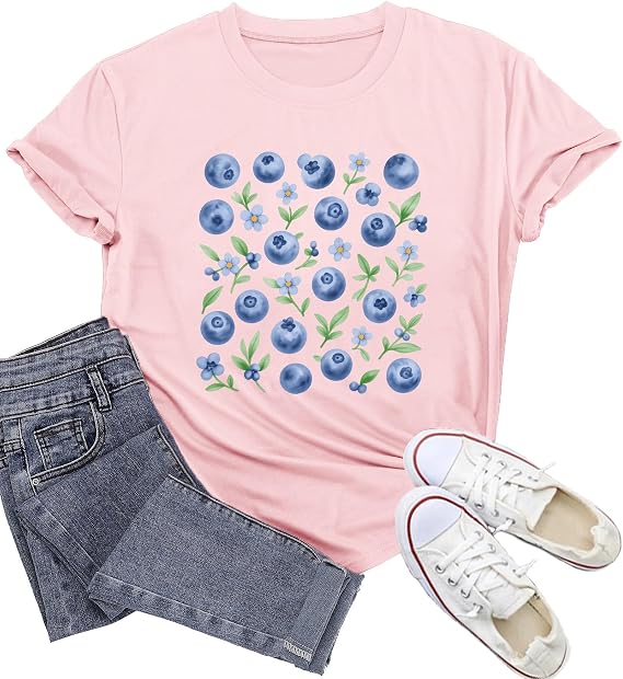 Blueberries Shirts Cute Fruit Print T-Shirt for Womens Blueberry Lover Gifts