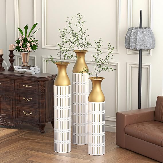 Large Floor Vases Set of 3, Modern Tall Vases for Floor, Gold Home Decor for Pampas Grass, Metal Decorative Vase for Living Room, Big Metallic Centerpiece Vase for Corner, Bedroom (White)