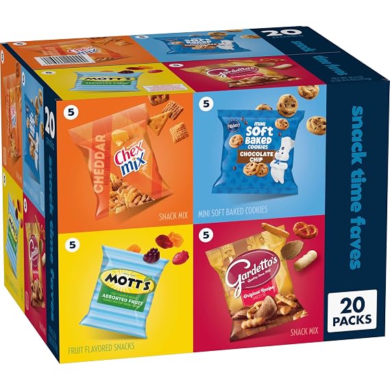Chex Mix, Mott's, Gardetto's, Pillsbury Cookies Variety Pack, 20 ct | Chex Mix Cheddar, Mott's Fruit Snacks, Gardetto's Original Recipe, Pillsbury Mini Soft Baked Chocolate Chip Cookies, 26.5 oz