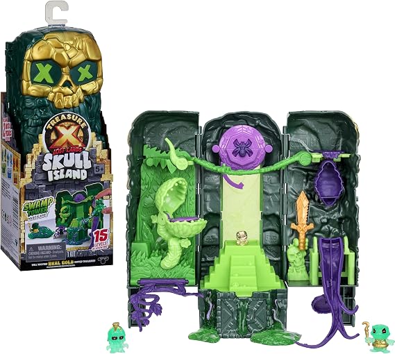 Treasure X Lost Lands Skull Island Swamp Tower Micro Play Set, 15 Levels of Adventure! Survive the traps and discover two micro sized action figures. Will you find treasure dipped in real gold?