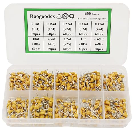 600Pcs 10Value Ceramic Capacitor Assortment Kit 0.1uf-10uf 50V DIP Monolithic Multilayer Chip Capacitors for Hobby Electronics, Audio-Video Project Electronic Repair