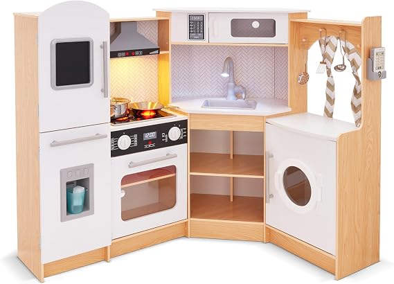 Lil' Jumbl Corner Wooden Play Kitchen, Icemaker & Stovetop Sounds, Natural
