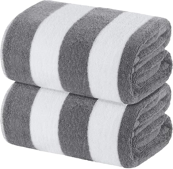 White Classic Stripe Cabana Beach Towels Oversized 2 Pack, 35x70, Gray