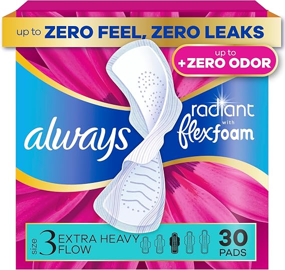 Always Radiant Feminine Pads for Women, Flexfoam Pads with Wings, Size 3, Extra Heavy Absorbency, Lightly Scented, 30 Count