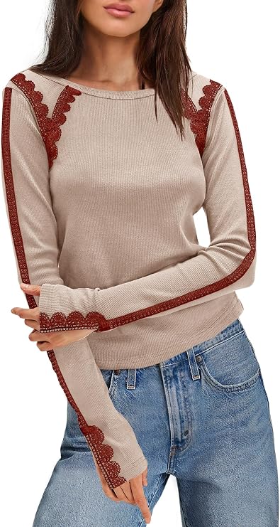 Yanekop Womens Ribbed Long Sleeve Tops Knit Slim Fit Shirts Casual Crewneck Basic Tees Striped Lace Shirt Fall Outfits