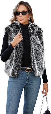 Womens Faux Fur Vest Stand Collar Sleeveless Open Front Cardigan Top Fuzzy Coats Jacket Fluffy Outwear with Pockets