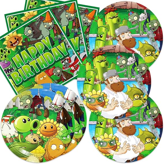 40Pack Plants Zombies Birthday Party Supplies include 20 plates, 20 napkins for Zombies Party Decoration Invitation Cards