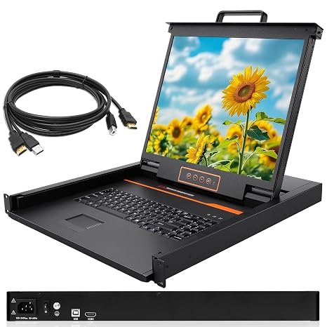 1U Rack Mount KVM Console-19'' Rackmount Monitor Keyboard and Single Port HDMI KVM, 50,000 MTBF,1280X1024 60Hz,17.619.91.67 Inches(WXDXH),Fit 1U 19'' Rack, 1 USB HDMI Cable,1 Power Cord, 4 Brackets