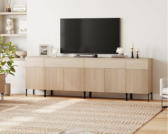 WAMPAT Fluted TV Stand with Storage for 100+ Inch TV,Modern 4 in 1 Entertainment Center with Storage Cabinets,94.5" W Wood Large Media TV Console Cabinet With 4 Drawers & 6 Doors for Living Room,Beige
