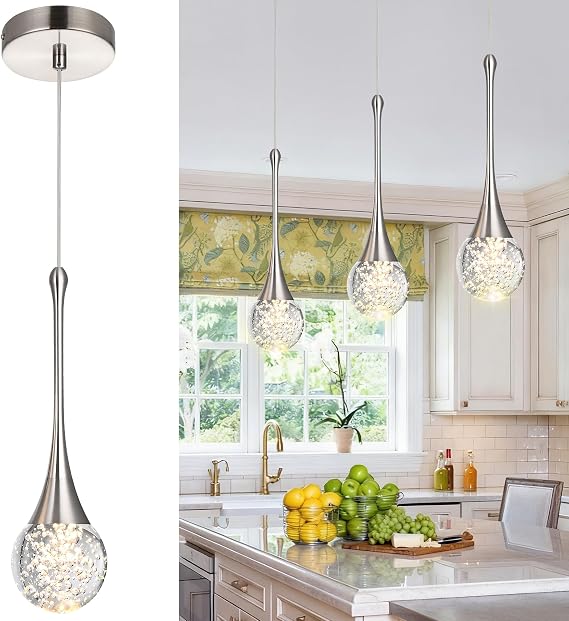 3-Pack Modern Crystal Chandelier, Dimmable LED Bubble Raindrop Brushed Nickel Pendant Lighting Fixture, Luxury Elegant Adjustable Spiral Ceiling Light for Entryway Living Room Island