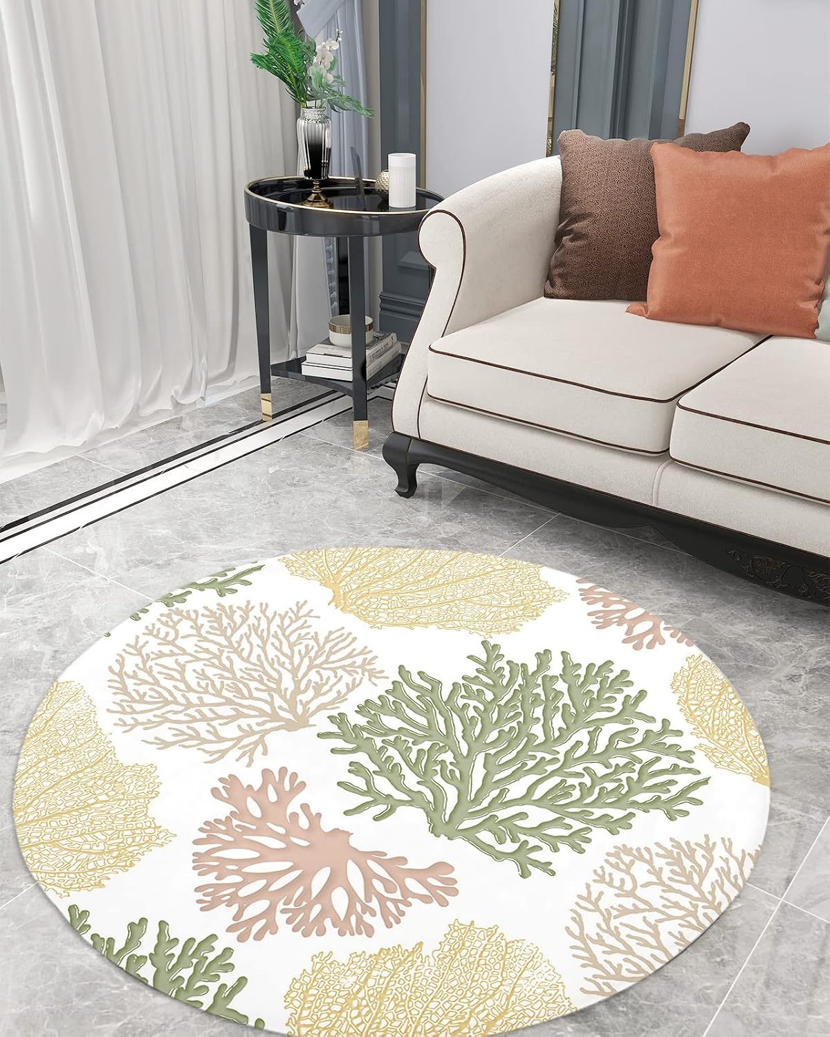 Yellow Green Coral Fluffy Round Area Rug Carpets 4ft, Summer Ocean Sea Marine Animal Plush Shaggy Carpet Soft Circular Rugs, Non-Slip Fuzzy Accent Floor Mat for Living Room Bedroom Nursery Home Decor