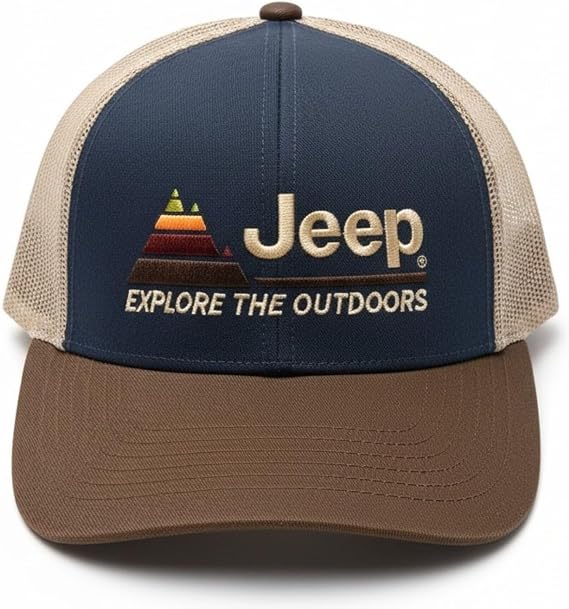 Jeep Explore The Outdoors Trucker Hat Embroidered Logo, Snapback Closure, Mesh Back