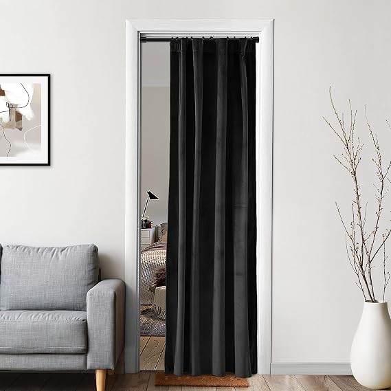 XTMYI Velvet Doorway Curtain, Backout Privacy Thermal Insulated Gothic Door Curtain, Black, 80 Inches Long