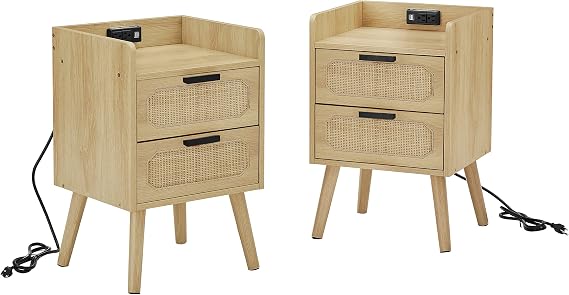 Night Stand Set of 2 with Type,C Charging Station & 2 Rattan-Like Decor Drawer - Durable End Table Bedside Table for Bedroom
