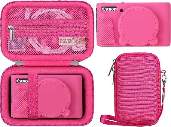BOVKE Hard Case + Silicone Cover for Canon PowerShot SX740 SX730 Digital Camera, Shockproof EVA Storage Bag with Soft Silicone Protective Case, Removable Lens Cover, Wrist Strap, Rosered