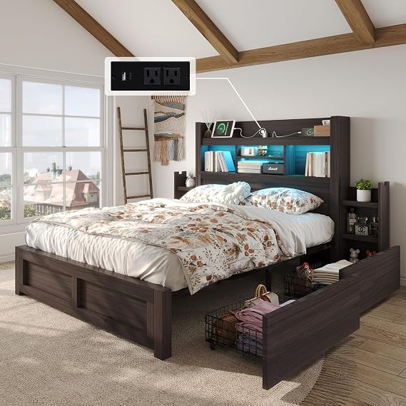 LUXOAK Full Bed Frame with Storage, Bookcase Headboard, Black