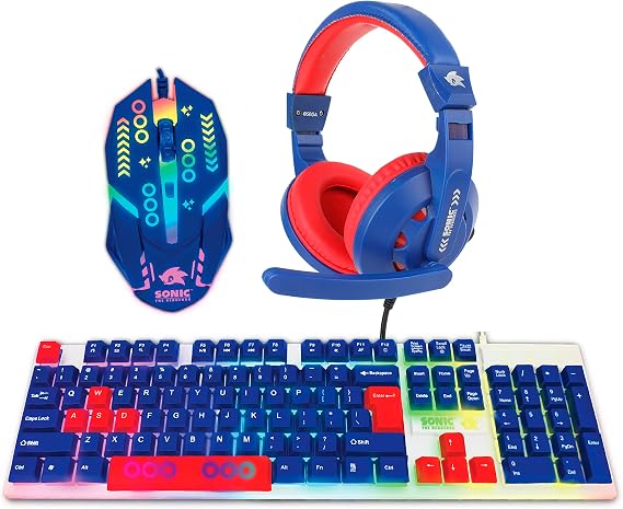 Sonic 3 in 1 Gaming Set with LED Backlit Keyboard and Mouse, Cushioned Headset with Microphone