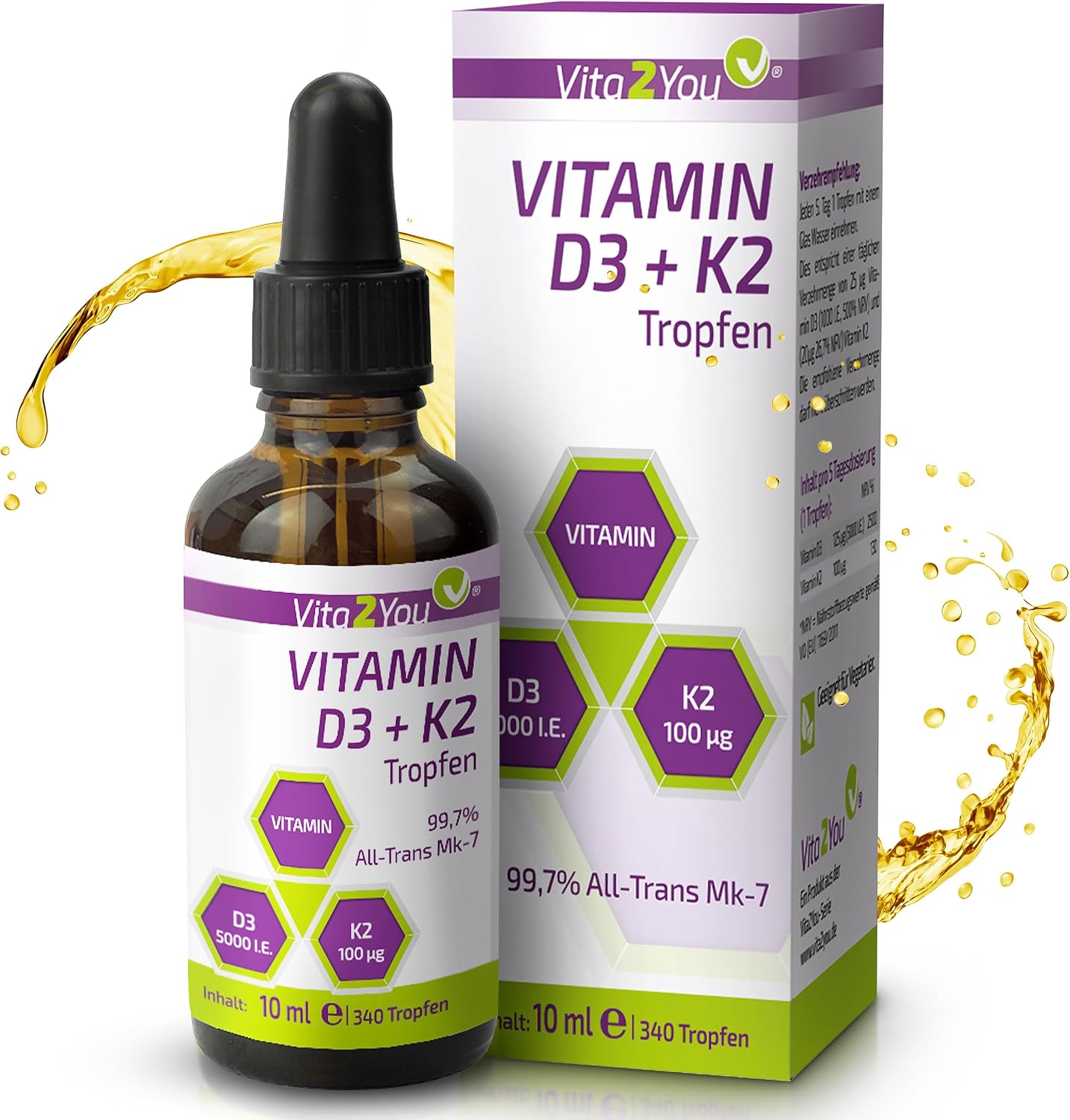 Vita2You Vitamin D3 + K2 Tropfen - Vitamin D3 5000 IE - Vitamin K2 100µg pro Tropfen - K2VITAL - MK-7-997% All-Trans - MCT-Öl - Premium Qualität - Made in Germany