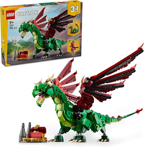 LEGO Creator 3’ü 1 Arada Orta Çağ Ejderhası 31161 | 9 Yaş ve Üzeri Çocuklar için Deniz Yılanı ve Zümrüdüankaya Dönüşen Oyuncak Yapım Seti, Doğum Günü Hediyesi (715 Parça)