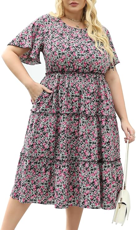 Nemidor Women Plus Size Casual Swing Dress Layered Midi Pocket | Round neck, short sleeve, elastic waist, twirl, ruffle, 1426 plus, summer, beach, maternity, cocktail, work, wedding guest