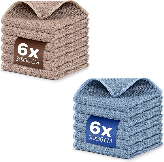 Ekedalen Waffle Weave Microfiber Cleaning Cloth for Dusting Khaki Pack of 6 and Waffle Weave Microfiber Cleaning Cloth for Dusting Blue Pack of 6