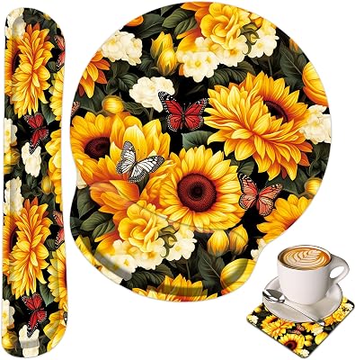 Keyboard Wrist Rest and Mouse Wrist Rest Pad with Cup Coaster,Made of Memory Foam,Ergonomic Support,Easy-Typing and Pain Relief,for Gaming Office Home Computer,Sunflowers and Butterfly