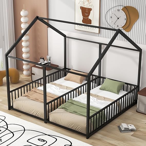 P PURLOVE Double Twin Floor Bed Frame for 2 Kids,Twin Size Metal Double Bed with Fence Railings,House Bed Frame Twin Size with Roof or Kids,Boys & Girls