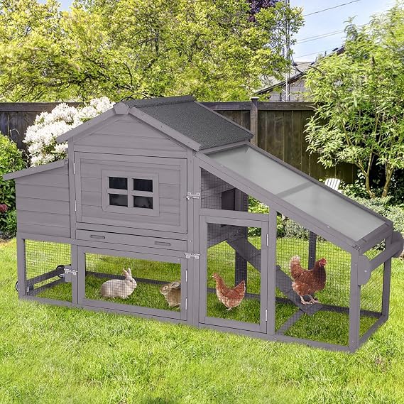 Mobile Chicken Coop with Wheels, Outdoor Hen House with Leak-Proof Tray, UV-Resistant Roof & Nesting Box for Chickens, Ducks, Rabbits (Grey)