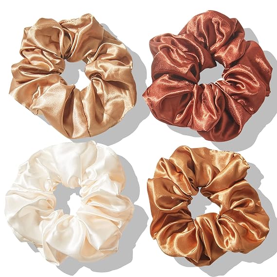 4Pcs Silk Satin Hair Ties, Oversized Scrunchies Brown Set