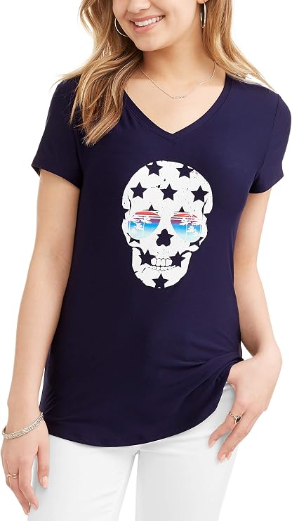 No Boundaries Womens Juniors Brushed V-Neck T-Shirt- Skull w Sunglasses (Large (11-13)) Navy Blue