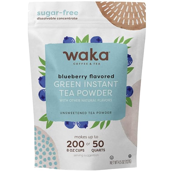 Waka Blueberry Green Tea Powder - Unsweetened Instant Tea Mix, No Sugar Added, 100% Real Tea Leaves - Hot or Iced Blueberry Drink Mix, Makes 200 Cups (4.5 oz Resealable Pouch)