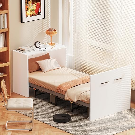 Narrow Twin Murphy Bed with Mattress Included, Hideaway Cabinet Bed with Tri-Fold Mattress, Pull Out Wooden Murphy Bed Chest, Foldable Beds for Home Office or Small Room, Walnut+White